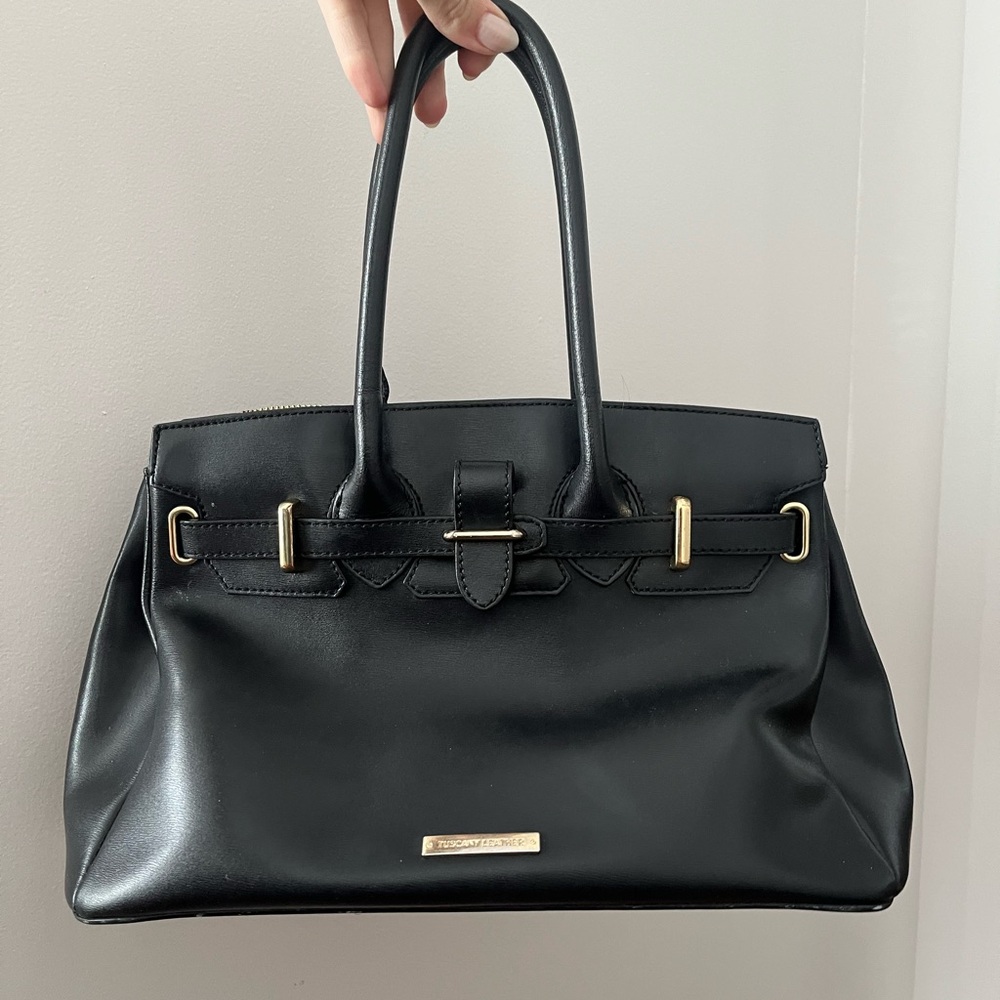 100% Genuine Leather Black Satchel with Gold Accents